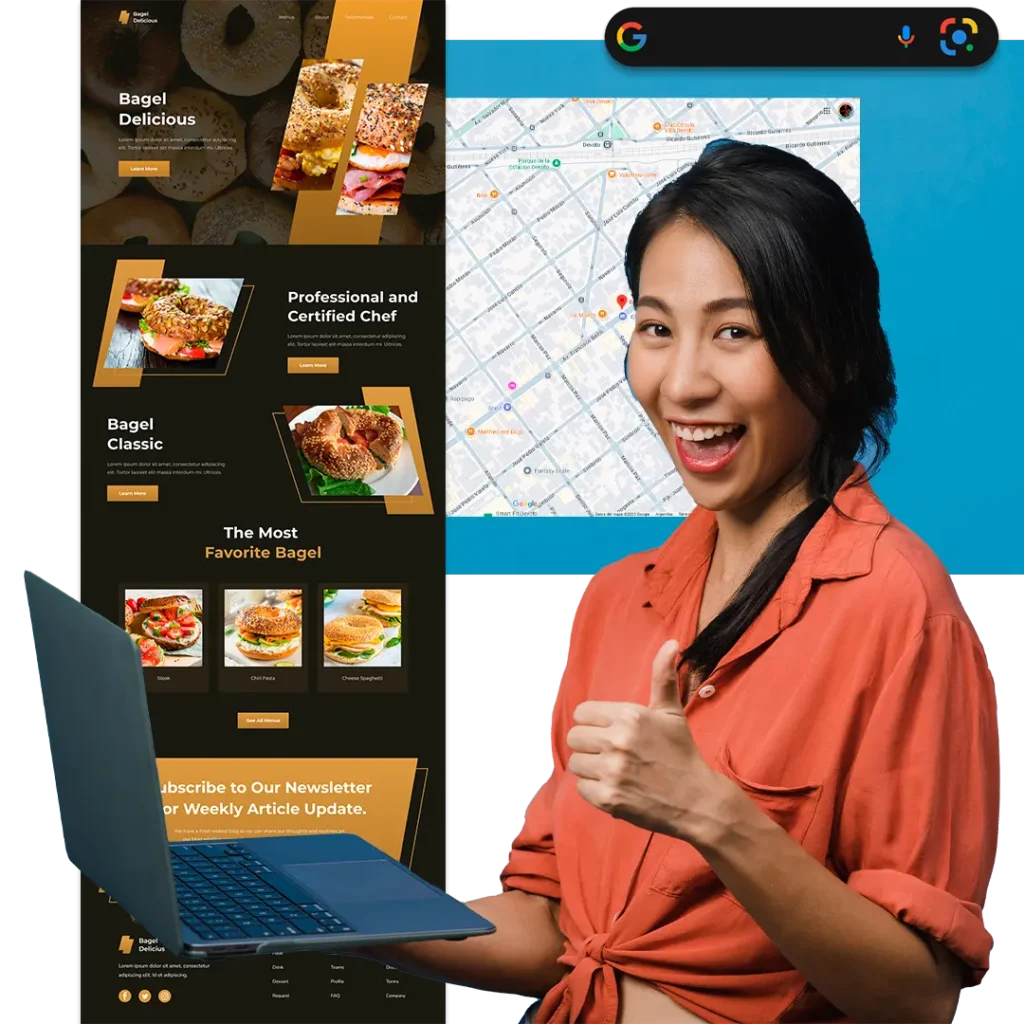 Mujer emprendedora feliz usando una laptop junto a un diseño de página web para restaurante y un mapa de Google optimizado por Local Web Studios.