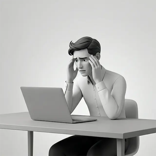 Ilustración 3D de un hombre de negocios estresado frente a una computadora portátil, representando los problemas de una página web lenta, invisible en Google y sin ventas.